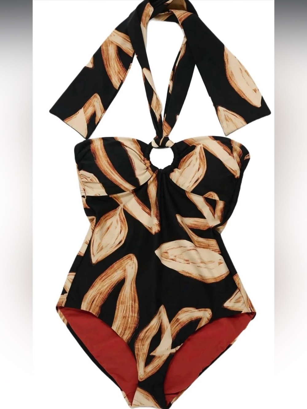 DKNY Ring Halter Neck One Piece Swimsuit In Mocha Multi Black, NWT - Picture 9 of 12